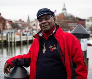 Vince Leggett in a red jacket at the Annapolis City Dock