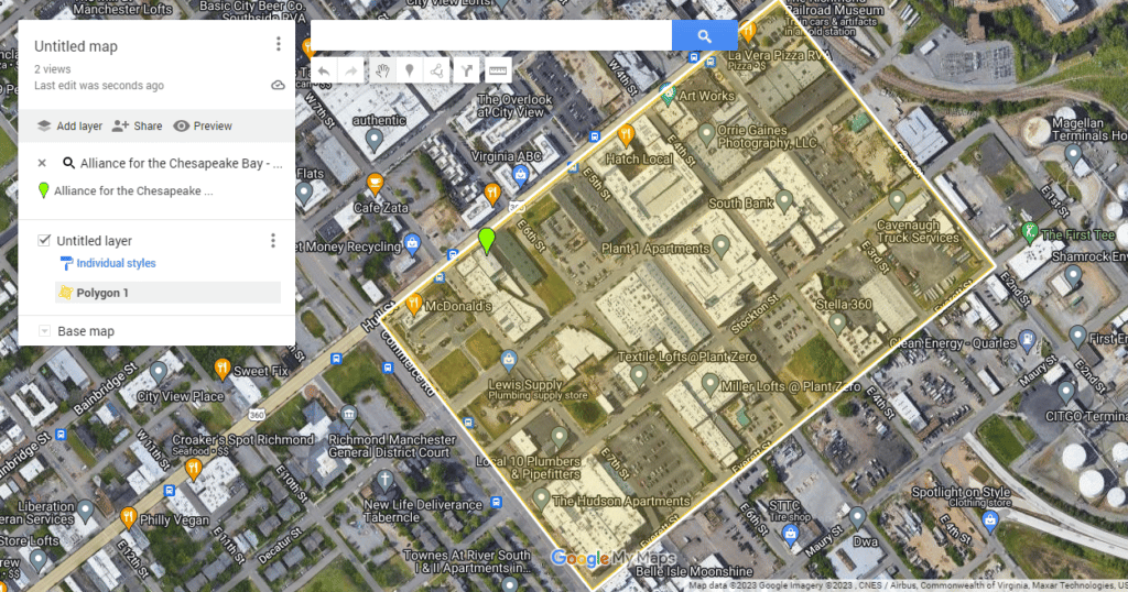 Google map image of the clean-up area highlighted in yellow. The clean up area is in the Manchester neighborhood and bounded by E 2nd Street to the east, Everett Street to the south, Commerce Street to the west, and Hull Street to the north. The Alliance's office is marked with a green pin and is located at 612 Hull Street, Richmond, VA 23224.
