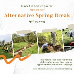 flyer for alternative spring break, a program by howard ecoworks where community members are guided through environmental tasks. flyers states the event is april 3-7 and signups can be done on howardecoworks.org