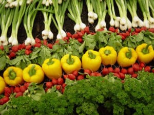 Rows of produce on display: Bunches of green onions, red radishes, yellow bell peppers and green leafy vegetables.