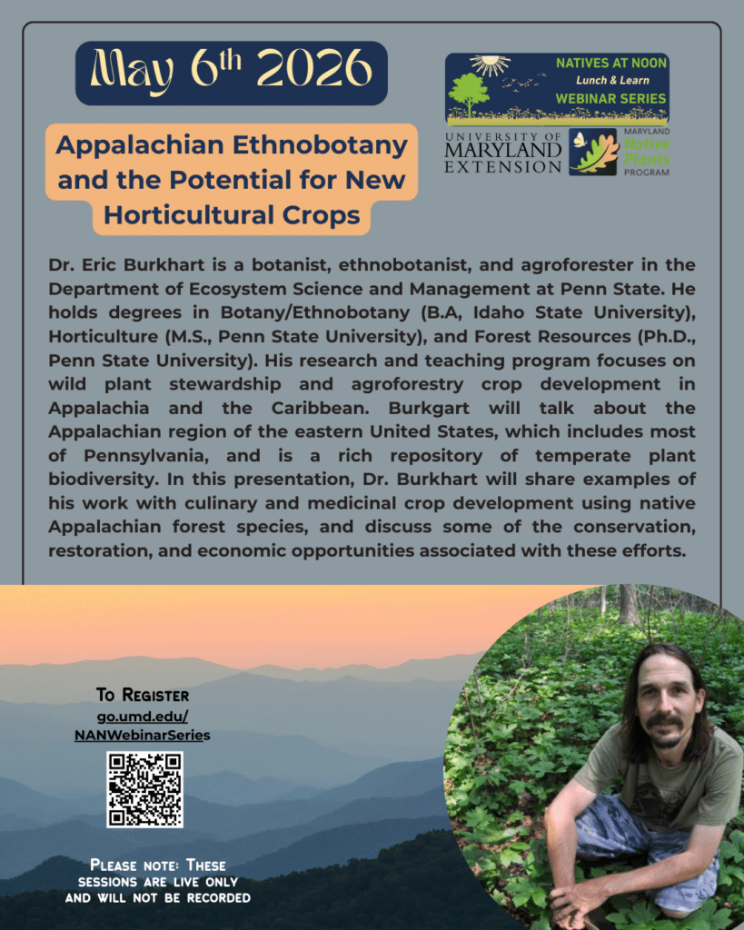 Info flyer for May Natives at Noon Session. Visit go.umd.edu/NANWebinarSeries for a full description.