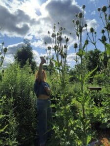 Teacher takes a picture of a plant under a bright cloudy sky.